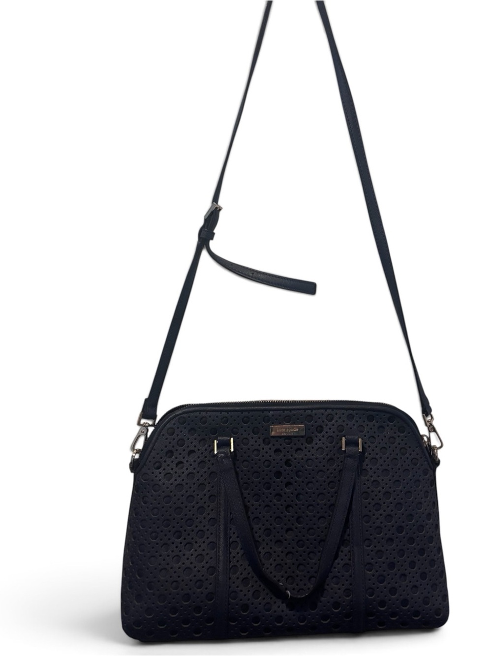 Kate Spade Navy Perforated Leather Satchel Crossbody Purse Large Handbag
